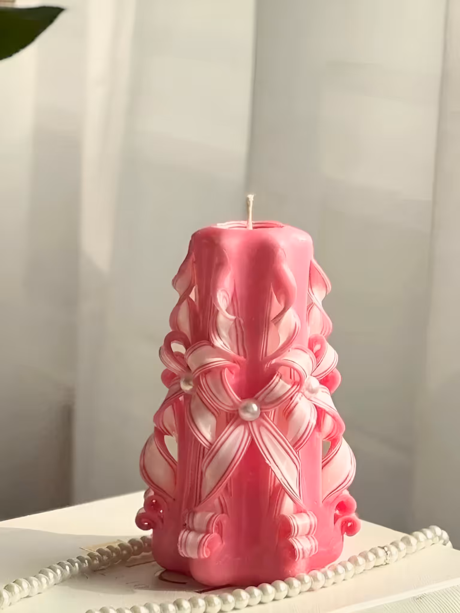 Custom Pink Carved Candle | Unique Handmade Housewarming Gift
