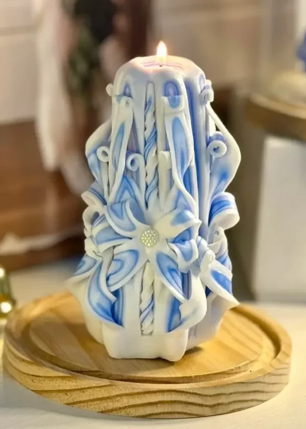 Hand-carved blue and white decorative candle with floral carvings and artificial beads, packaged in a luxury gift box.