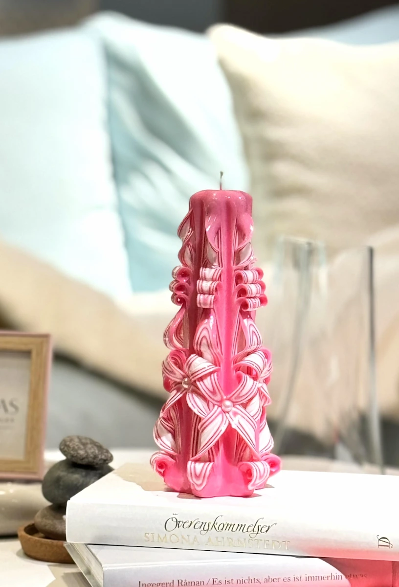 Hand-carved vertical pink pillar candle for wedding table or luxury gift