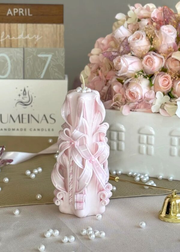 "Hand-carved birthday and wedding candle in elegant white and pink colors, made from high-quality wax, perfect decorative gift for special occasions."