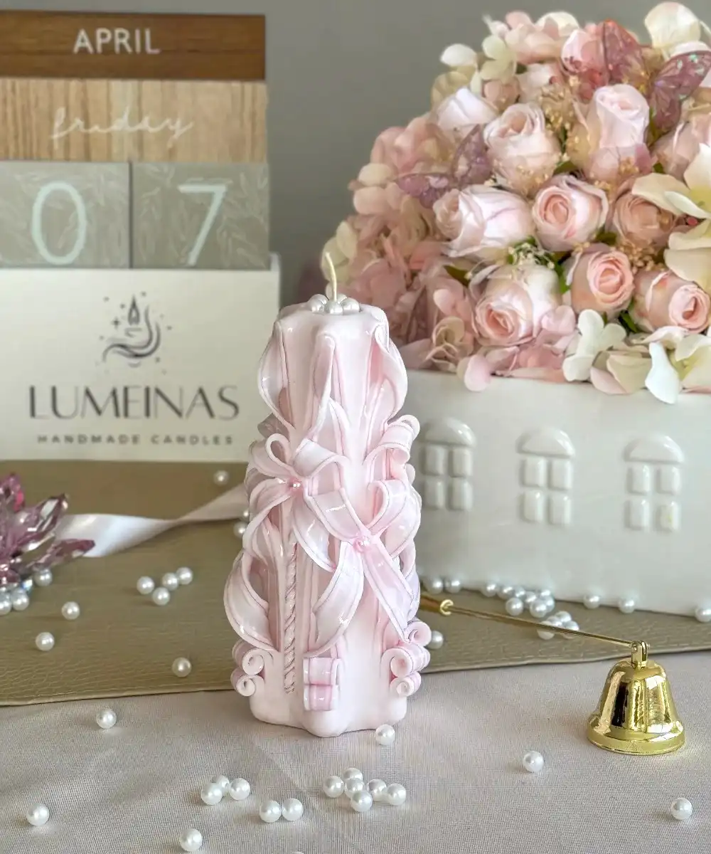 "Hand-carved birthday and wedding candle in elegant white and pink colors, made from high-quality wax, perfect decorative gift for special occasions."