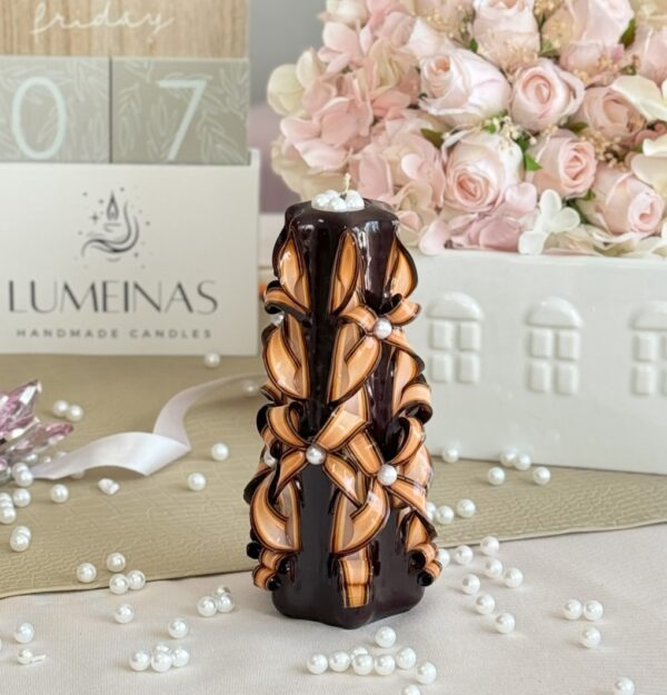 Beautiful Carved Candle – Elegant Black and Orange Rose Design