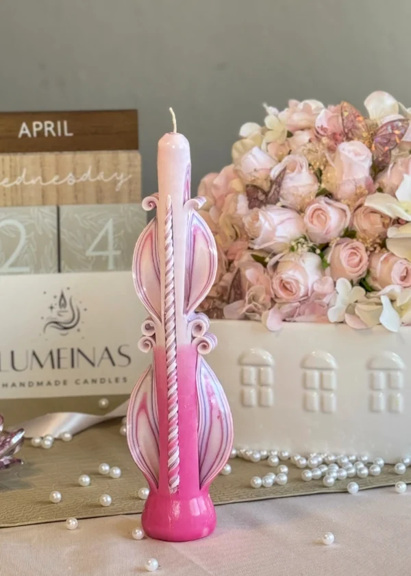 Hand-carved pillar wedding candle in soft pink and white, crafted from premium paraffin wax with a glossy finish, presented in an elegant gift box.
