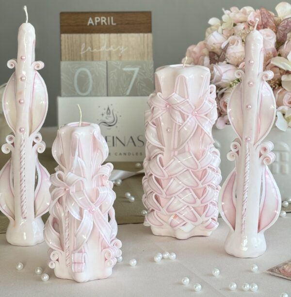 "Elegant Wedding Table Candles: Hand-Carved Designs