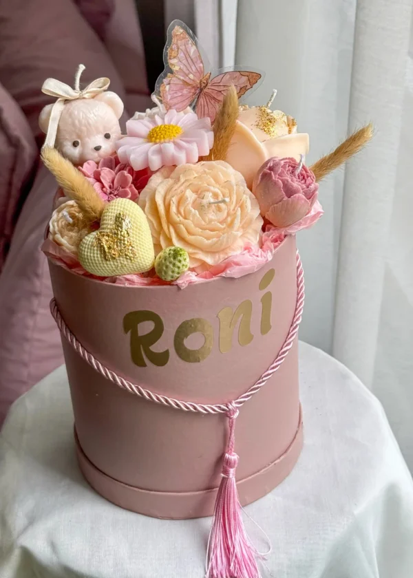 Elegant handmade soy wax flower box with Daisy and Peony flowers, dried blooms, and teddy bear candle, wrapped with satin ribbon.