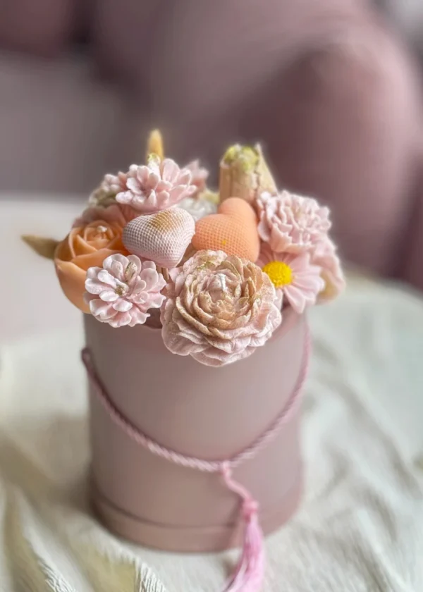 Handcrafted soy wax flower gift box with heart-shaped candle, tulip candle, peony and daisy wax flowers in elegant gift packaging.