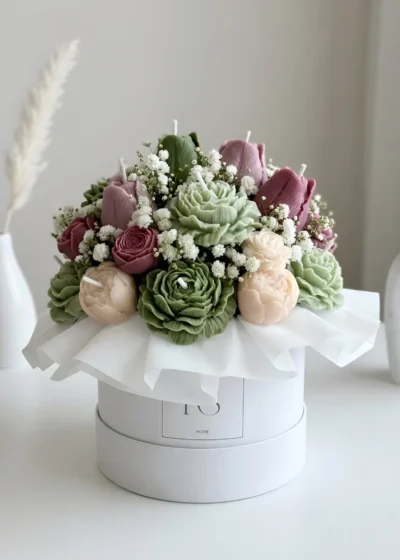 Handcrafted Soy Wax House Candle Gift Box with Preserved Flower Bouquet