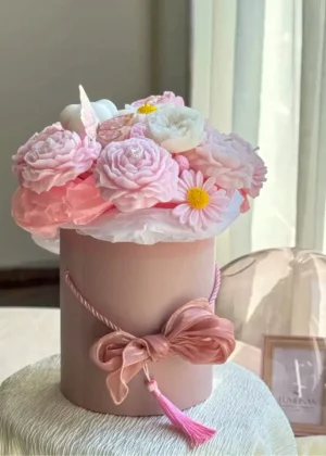 Handmade soy wax flower box with Daisy and Peony flowers, tied with soft satin ribbon — natural, eco-friendly, long-lasting floral gift.
