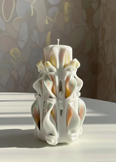 Artisan Hand-Carved Candle in Soft Green, Yellow & White