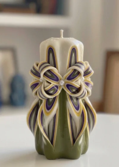 Hand-Carved Handmade Candle in Pink, Green & White