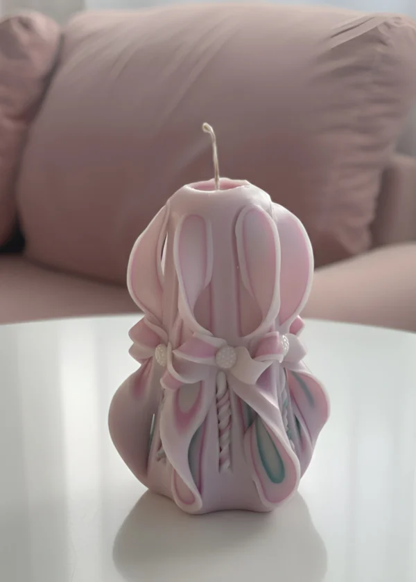 Hand-Carved Handmade Candle in Pink, Green & White