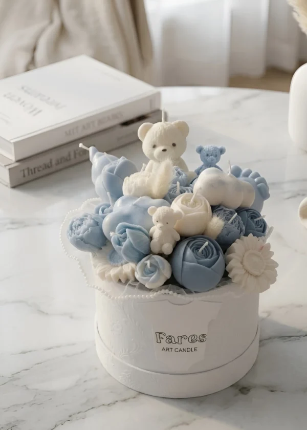 Luxury Handmade Candle Arrangement with Teddy Bears | Personalized Name Gift | Newborn Gift Box Blue Theme
