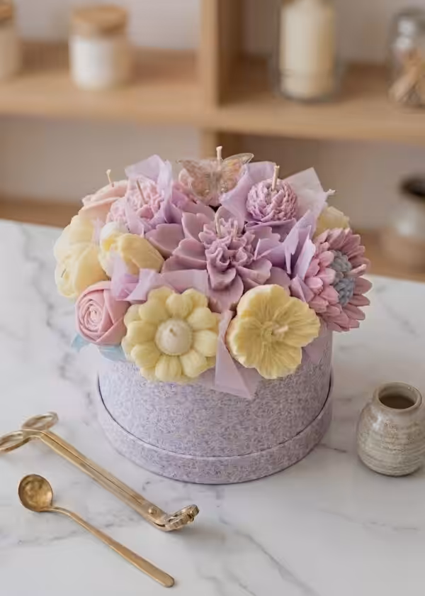 Handmade flower-shaped candle bouquet in a round lilac gift box featuring blush roses, purple dahlia, and yellow sunflower candles arranged on a marble surface with gold candle accessories beside it.