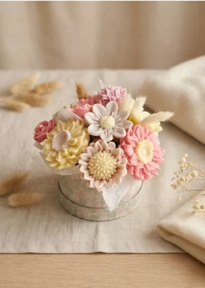 Handmade soy wax flower bouquet candle box with sculpted dahlias, roses, and daisies in soft pink, cream, and yellow tones, arranged in a decorative round floral gift box