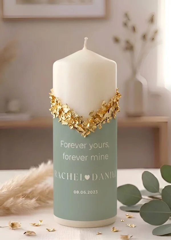 Personalized Engagement & Wedding Gift Candle | Elegant Sage Green & Gold Foil Design