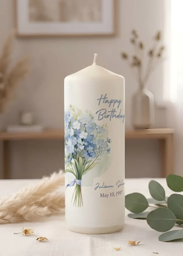 Personalised birthday pillar candle made from soy wax