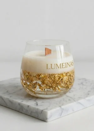 Luxury Gold Soy Wax Candle in Glass Jar | Handmade Wooden Wick Candle | Elegant Home Decor Gift