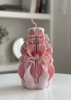 Hand Carved Paraffin Candle Pink & White | Luxury Decorative Sculpted Candle