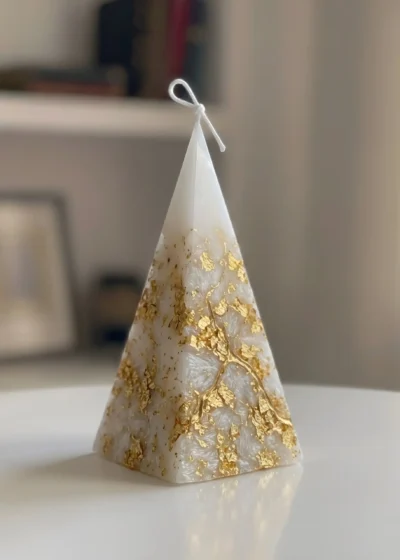 Lumeinas Luxury White Pyramid Candle Gilded in Textured Gold Foil