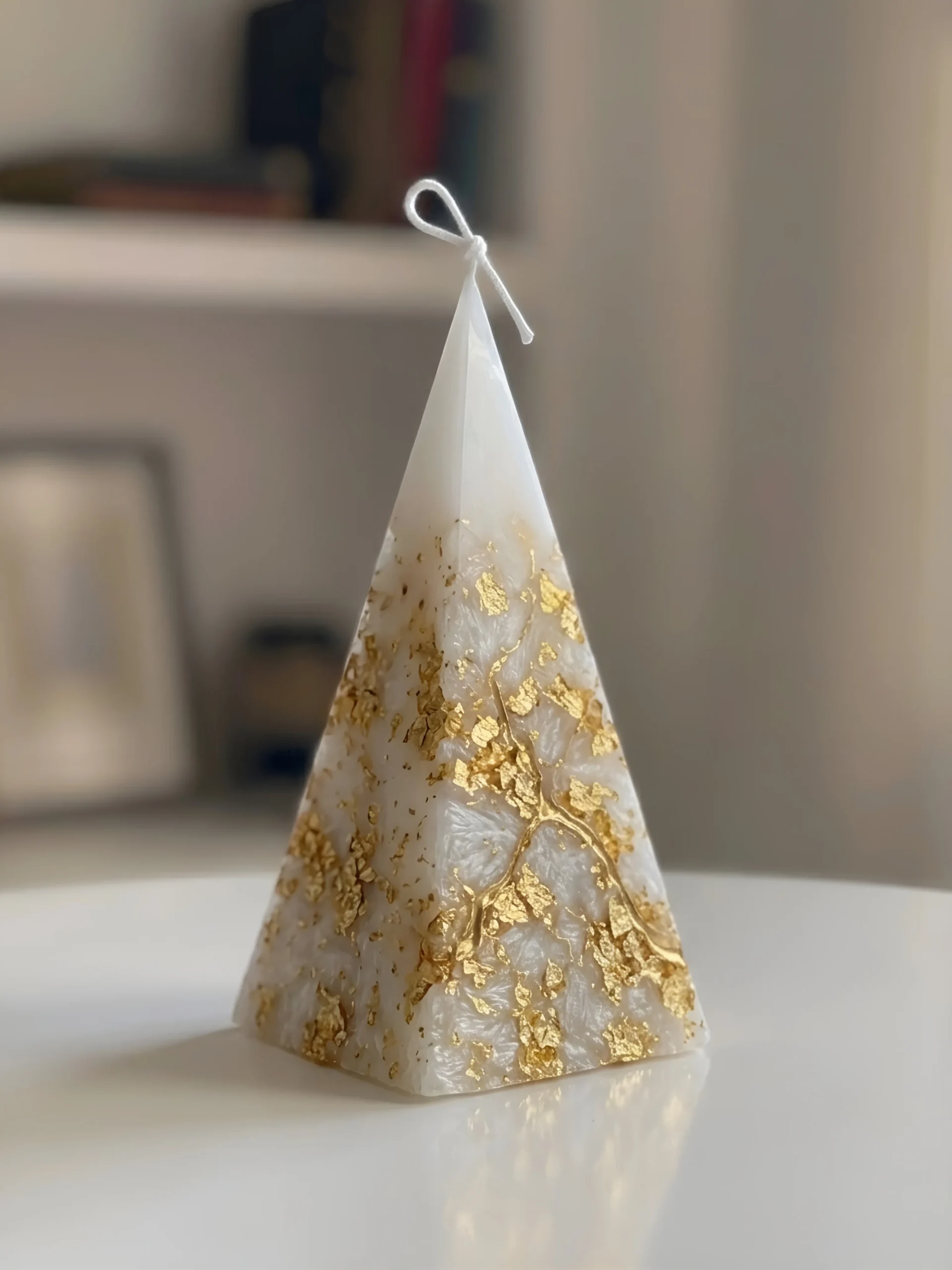 Lumeinas Luxury White Pyramid Candle Gilded in Textured Gold Foil