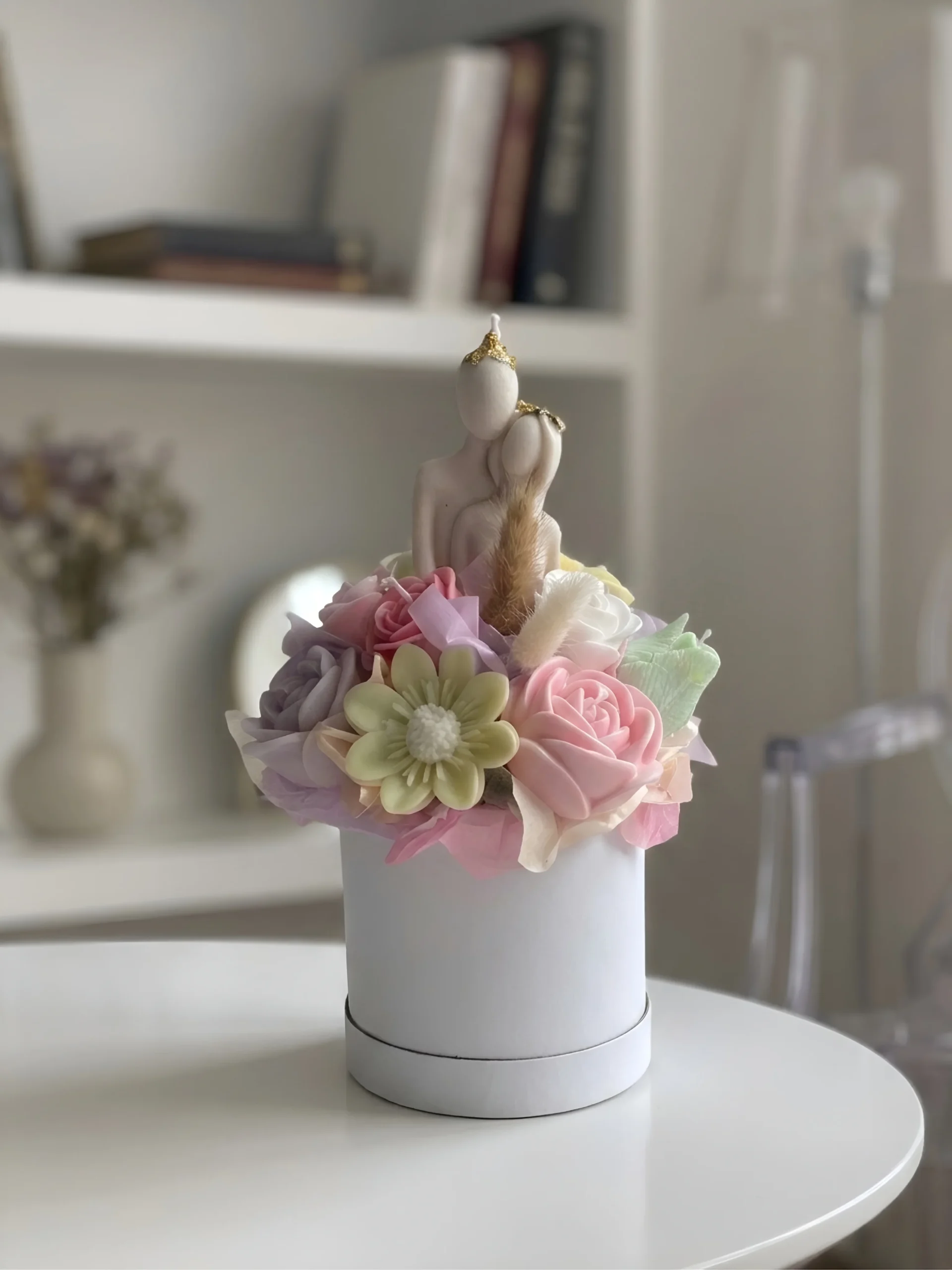 Lumeinas Pastel Rose Bouquet Candle with Romantic Figurine Detail