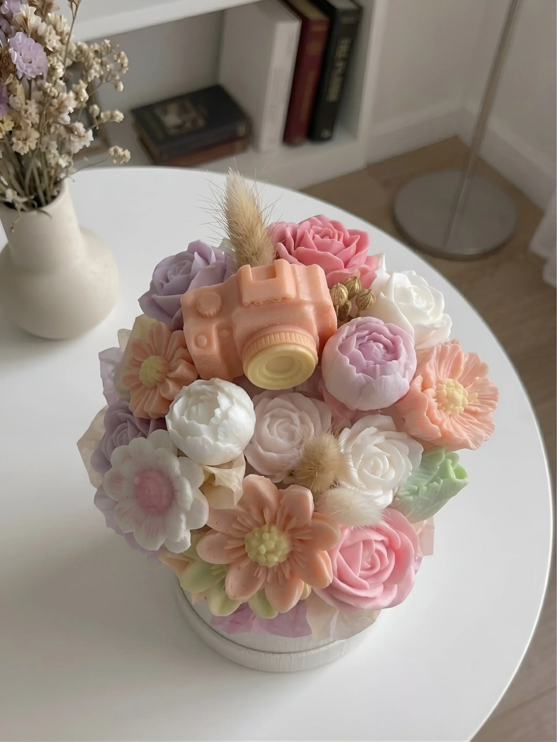 Lumeinas Pastel Floral Bouquet Candle – Retro Camera Wax Sculpture - Image 2