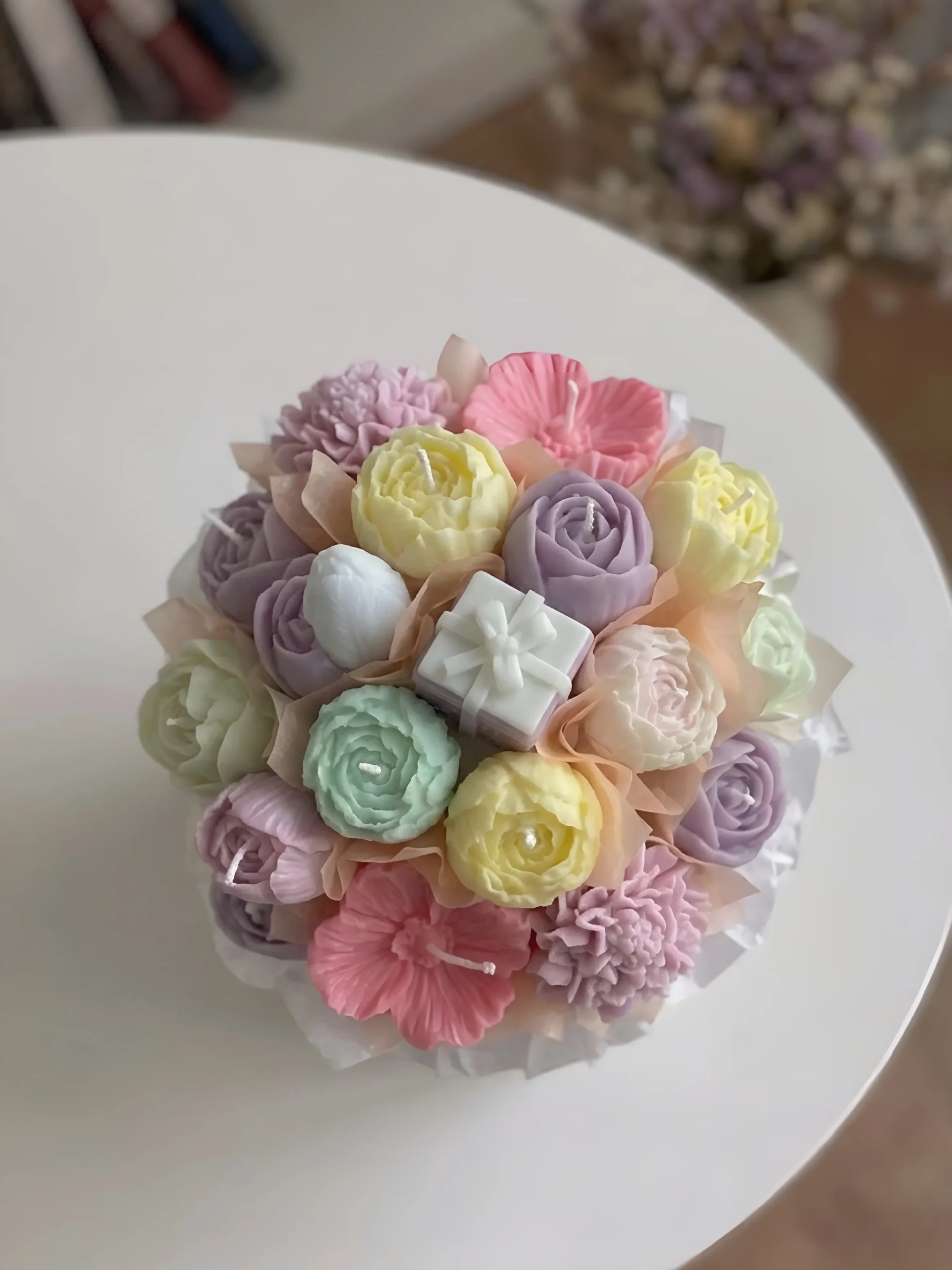 Pastel Floral Candle Bouquet Gift Box – Handmade Wax Flowers - Image 2