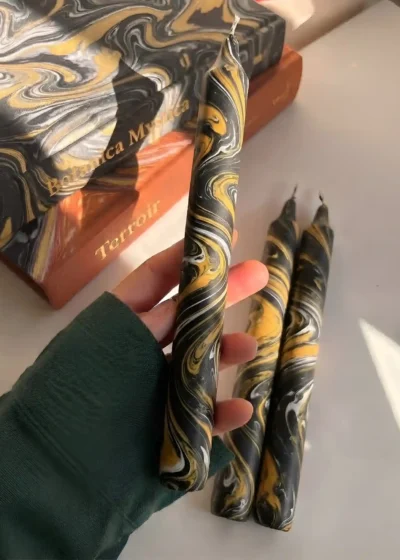Handmade Marbled Pillar Candles – Black, Gold & White Swirl Design